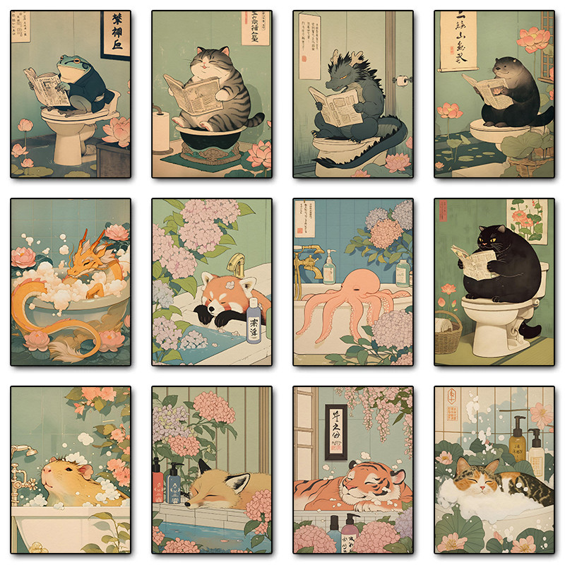 

Animals on Toilet Relaxing Spa Posters Fox Tabby Cat Capybara Canvas Printing Wall Art Picture for Japanese Bathroom Decor Gifts