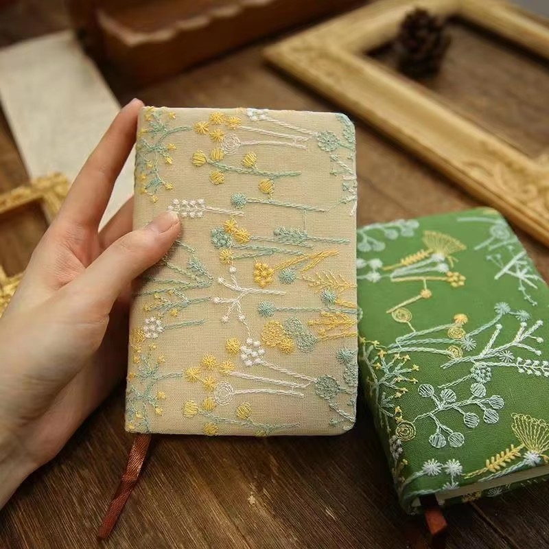 

Stylish Leaf Hand Ledger Adorable Morandi Fabric Cover Pocket Book Cotton Cloth Binding Compact Embroidered Notebook Office