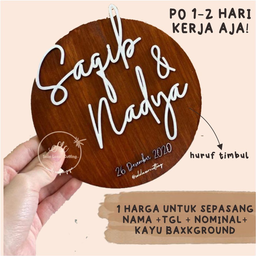 nama kayu custom bulat/kotak teakwood  hiasan mahar / scrabbook chipboard mahar seserahan rustic diy