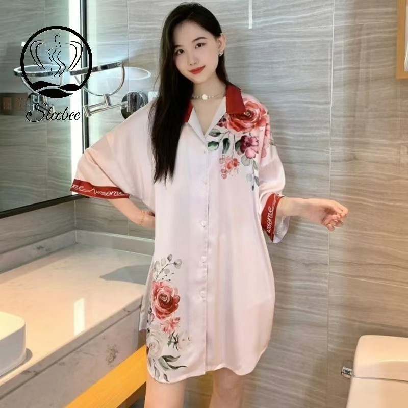 Sleebee  Piyama gaya Korea untuk wanita piyama musim panas gaun piyama kemeja seksi longgar tipis le