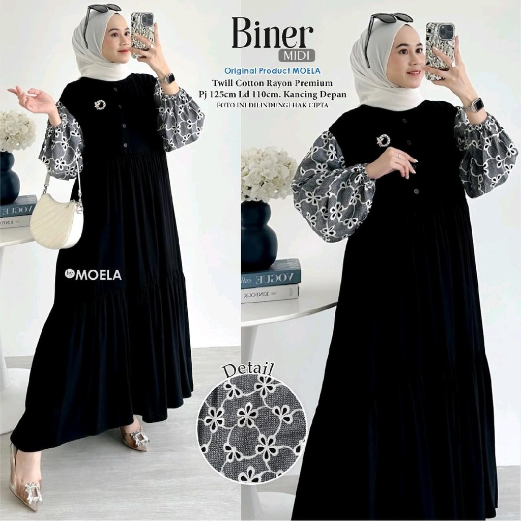 DRESS MIDI KOMBINASI FASHION CASUAL WANITA SPESIAL WARNA HITAM BAHAN TWILL KATUN RAYON PREMIUM ORI B
