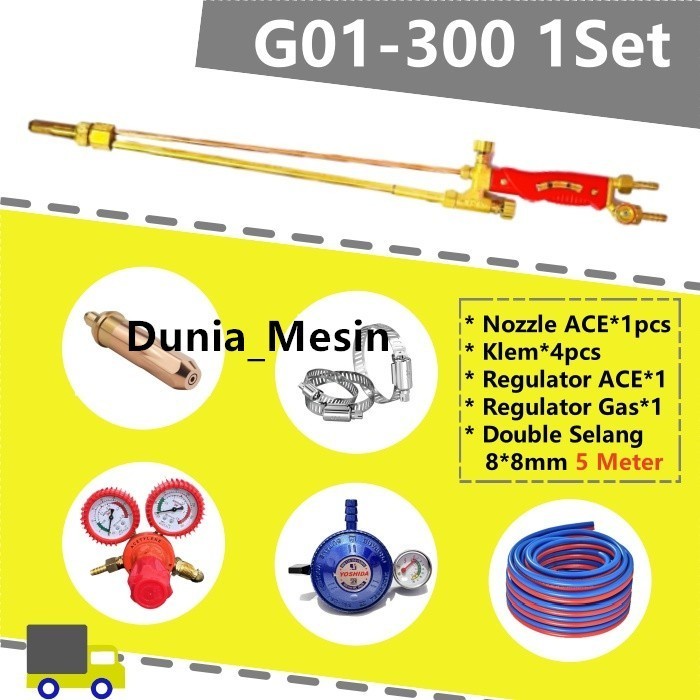G01-300 1SET Gas Cutting Torch ada Nozzle Klem Regulator Double Selang Stang Las Blender Potong Gas 