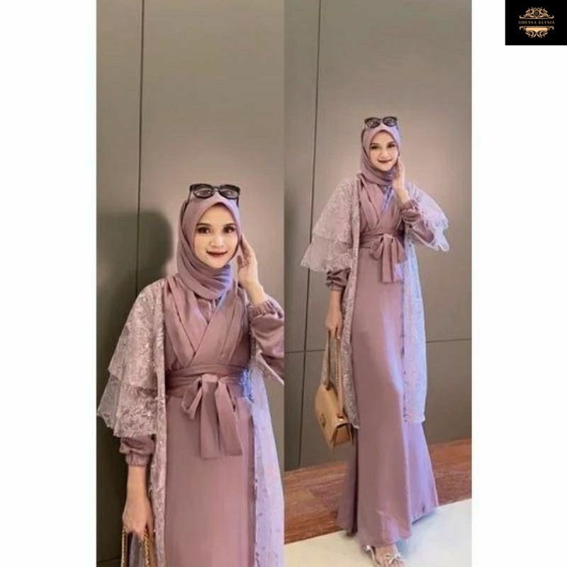 Maudy Dress Kimono Satu Set Inner Outer Queenbee Fashion Muslim Wanita Gamis Kondangan Bridesmaid Wi