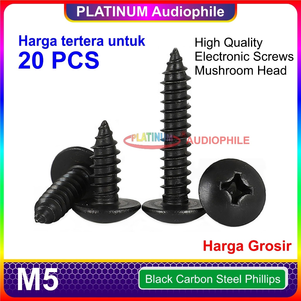 Sekrup Hitam M5 Speaker Elektronik Baut Skrup kasar lancip tajam Carbon Steel 20 pcs