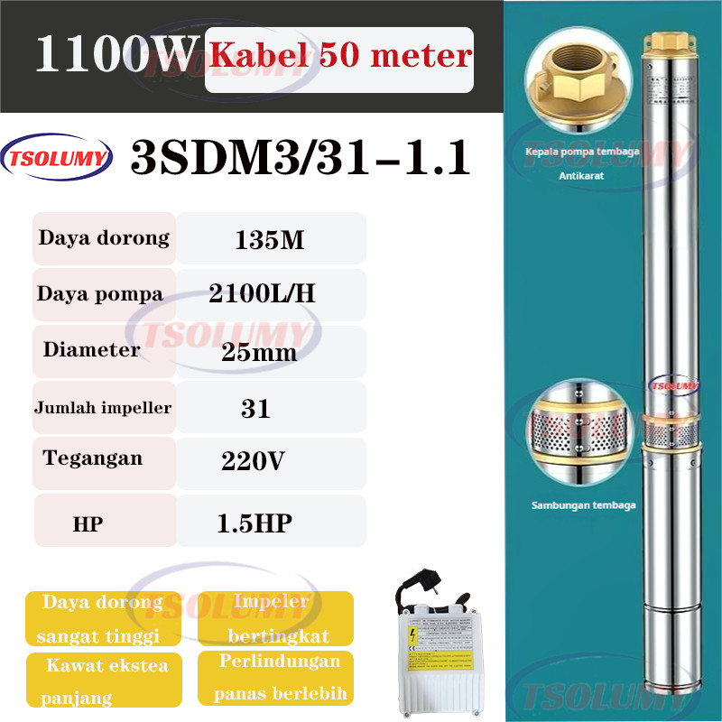 Pompa satelit 3 Inch1.5HP1100Watt kabel 50M pompa Stainless Steel Pompa Air Celup Sumur TSOLUMY