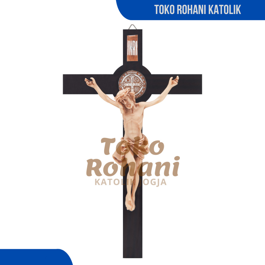 SALIB GANTUNG BENEDIKTUS 30 CM - COKLAT LAP / SALIB KATOLIK / SALIB DINDING / SALIB ST.BENEDICT