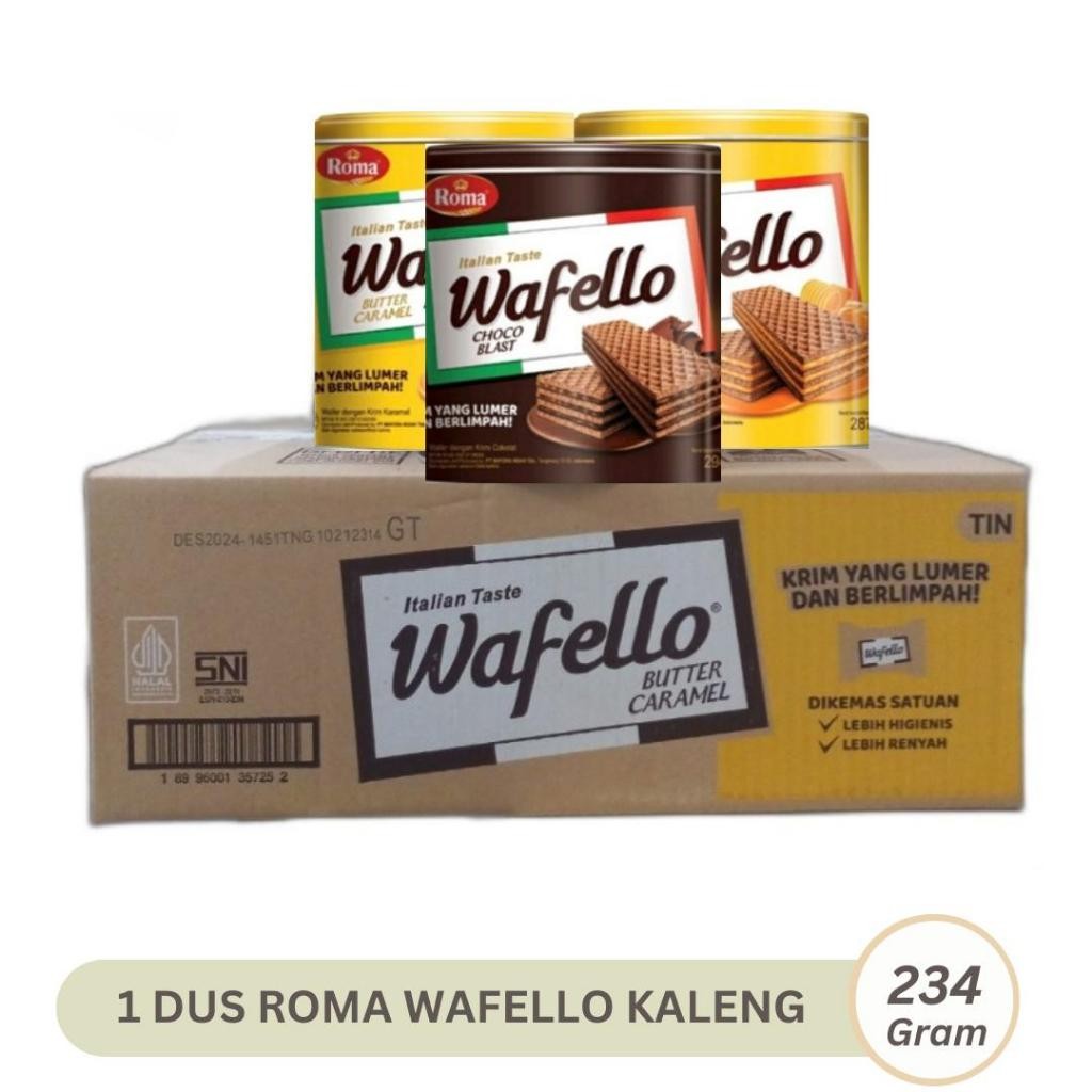 

1 DUS Roma Wafello Kaleng Isi 6pcs/Dus Rasa Chocoblast 234gr / Butter Caramel 228gr Wafer Wafelo Krim Coklat / Karamel