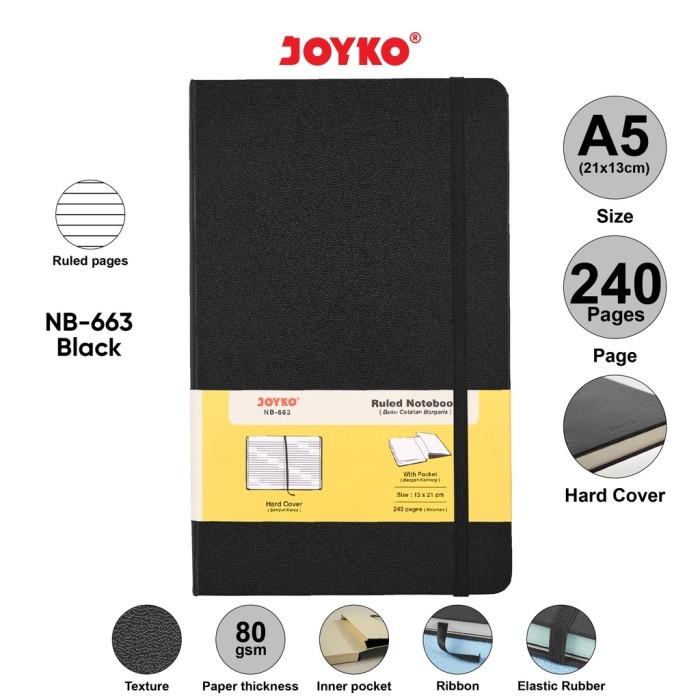 

Joyko A5 Notebook Hardcover BLACK | Buku Tulis Catatan - NB-663 RULED BL