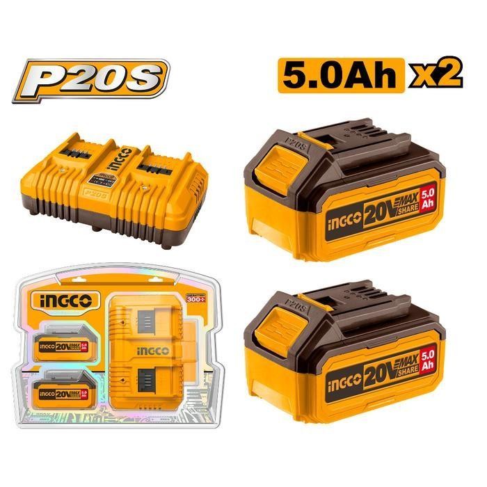 Ingco FBCPK2425 Bundling Paket Baterai 2 Pcs 5 Ah 20V Dual Rapid Fast Charger 4Ah P20S