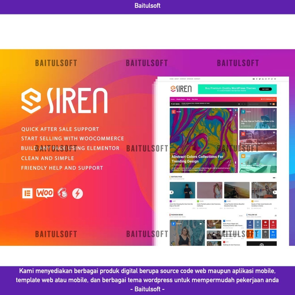 TEMA WEB  SIREN - NEWS MAGAZINE ELEMENTOR WORDPRESS THEME D5204 BAITULSOFT LISENSI ORIGINAL FULL VER