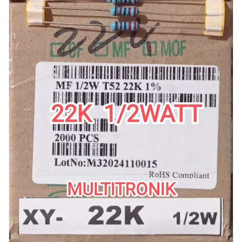 RESISTOR 22K 1/2WATT 1%  RESISTOR 0.5WATT 22K METAL FILM TAIWAN