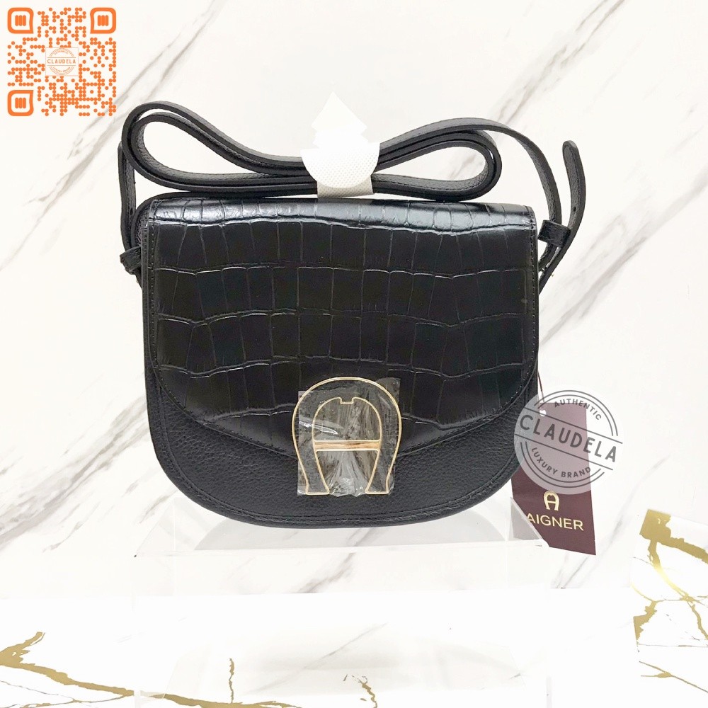 Aigner Pina Croco Crossbody in Black