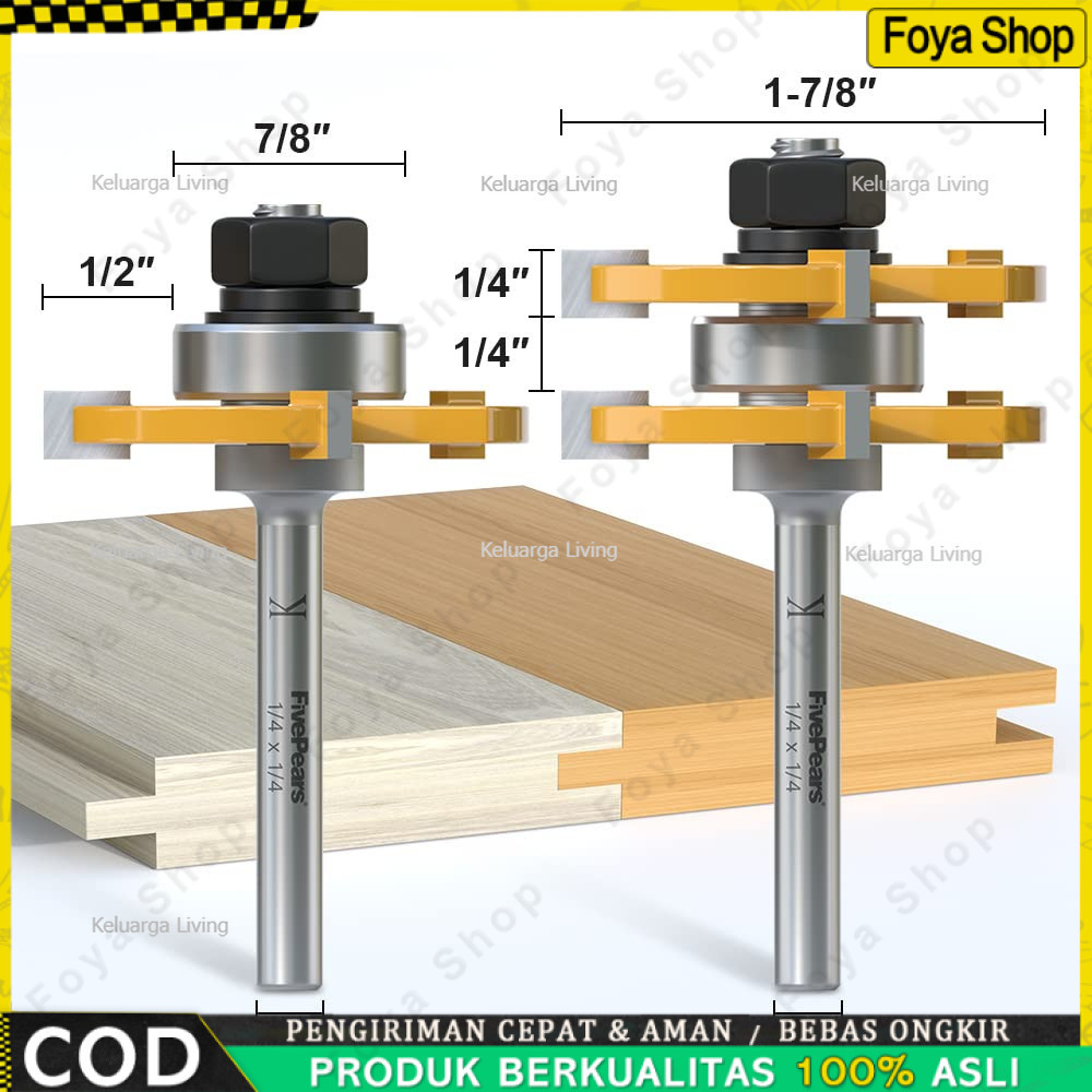 COD 1 / 4 " Mata Profil Tongue & Groove Bentuk T 3 Gigi Shank 2pcs 8mm Untuk Pengerjaan Kayu & Groov