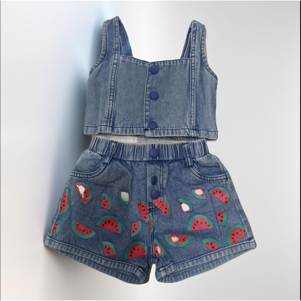 SETELAN ANAK PEREMPUAN DENIM VEST LUCU DAN KEKINIAN