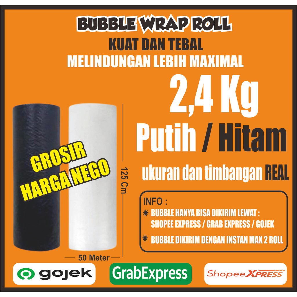 

Bubble Wrap Hitam/Bening Berat 2.4kg Lebar 125cm Panjang 50meter