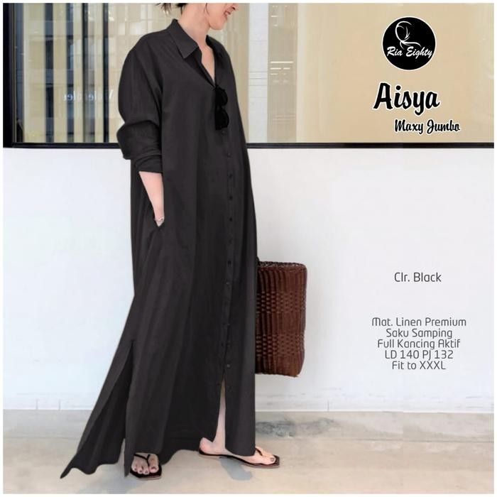 MUMPUNG PROMOAISYA MAXI JUMBO DRESS KOREA LD 140CM SIZE FIT XXXL/DRESS LINEN - blackTERLARIS