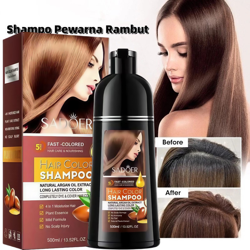 SADOER Pewarna Rambut 500ml Shampo Penghitam Rambut Uban Brown Extract Gingseng Hair Dye Shampoo Hai