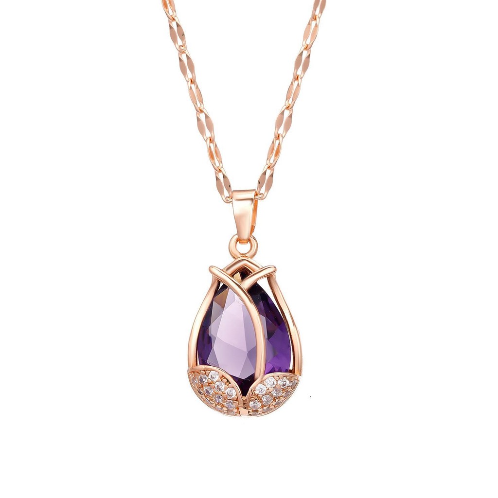 Kalung Tulip Wanita Korea dengan Liontin Bunga Kristal Batu Permata Ungu - Rantai Titanium