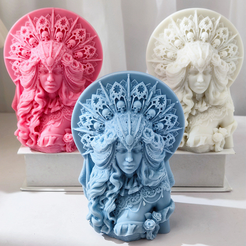 DIY Half body skull head queen candle silicone mold curly hair goddess woman resin silicone mold Eur