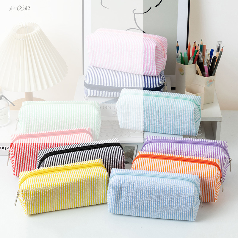 

Simple Seersucker Pencil Case Fresh Stripe Pencil Storage Bag Large-Capacity Stationery Pouch Travel Cosmetic Bag Student Gifts