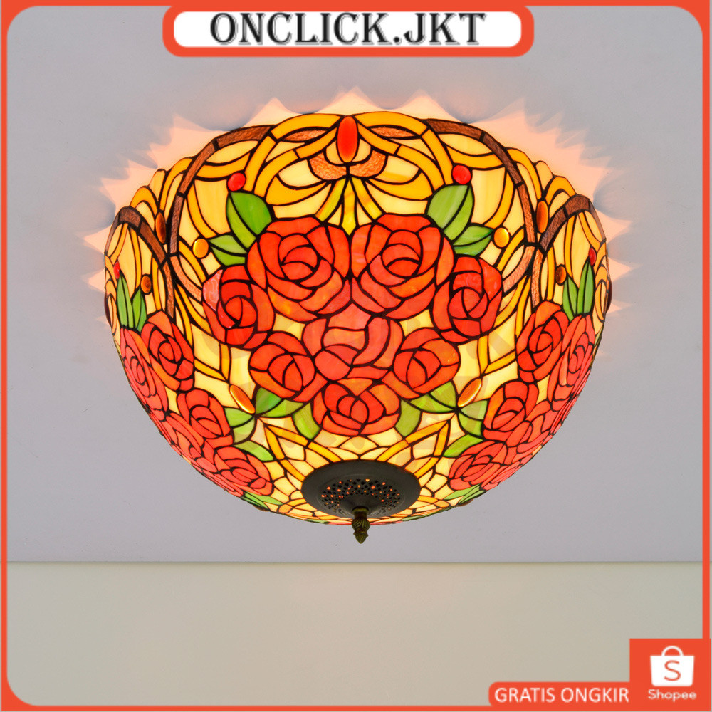 Lampu Plafon Tiffany Lampu Kaca Patri Motif Mawar 50CM LED 5 Kepala Dekorasi Ruang Tamu Cafe Bar