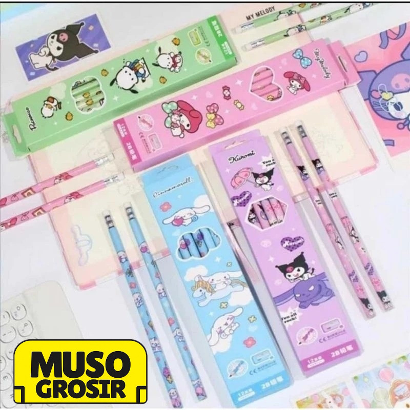 

MUSO | Pensil Set 2B isi 12pcs Motif Kitty Kuromy Cinnamorrol Lucu Pencil Set MP08