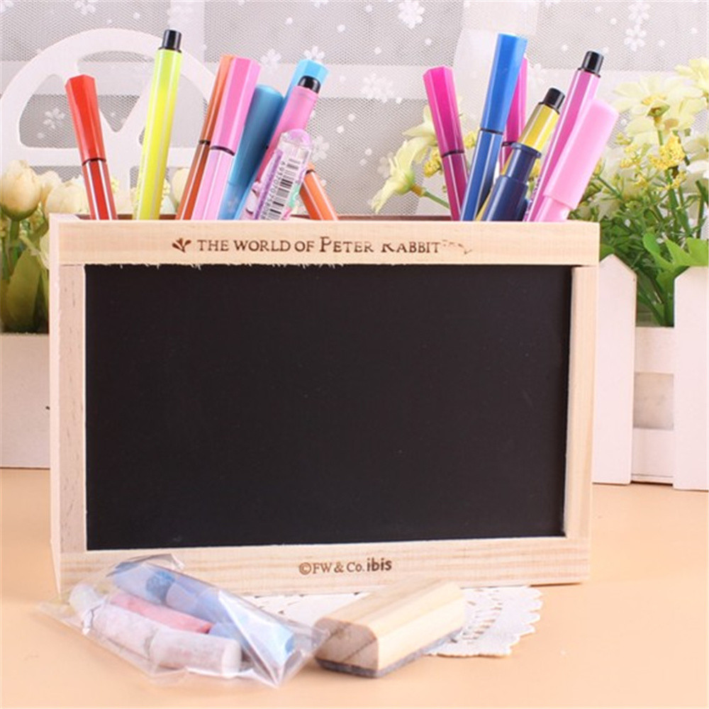 

Double Lattice Wooden Pen Holder with Blackboard Kawaii Desk Tidy Pencil Holder Desktop Pen Pot Creative Office Accessories