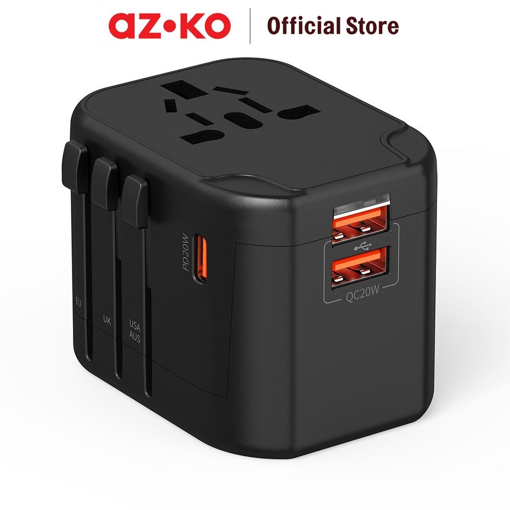AZKO Krisbow Travel Adaptor 2 Usb A & 1 Usb C 20 watt Qc - Hitam Konektor Perangkat Elektronik Adapt