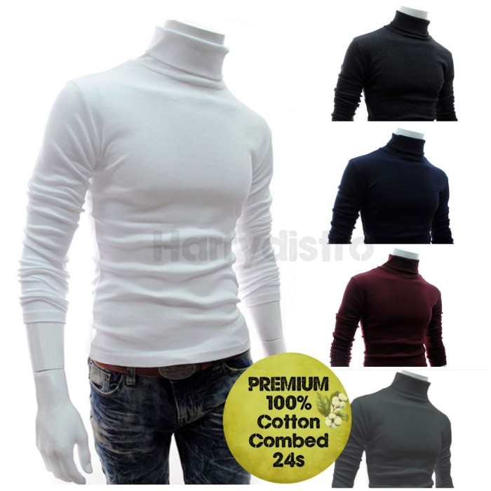 SALE -Kaos polos leher turtleneck kaos pria korea kaos panjang leher tinggi - Navy, S