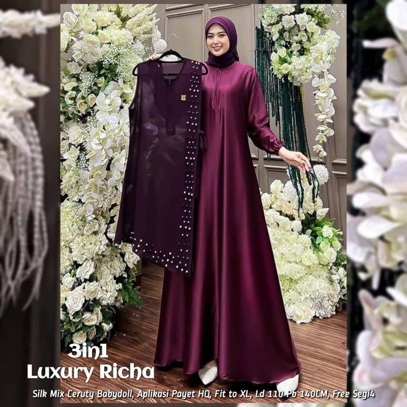 Cod Luxury Richa 3in1 set/gamis ceruty/gamis premium/dress pesta/dress kondangan/gamis murah/gamis k