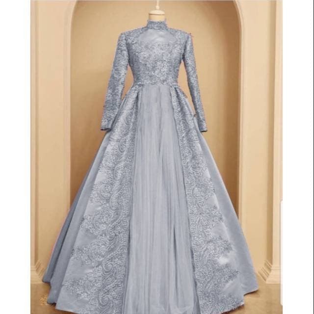 baju pesta mewah gamis nuraini abu XXL brukat gaun remaja nur ta
