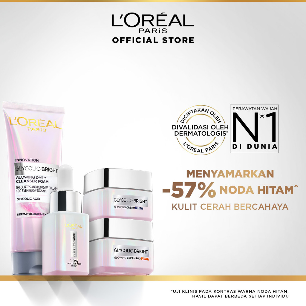 LOreal Paris Glycolic Bright Glowing 4 Pcs Skincare Kit Untuk Mencerahkan: Serum, Moisturizer, Facia