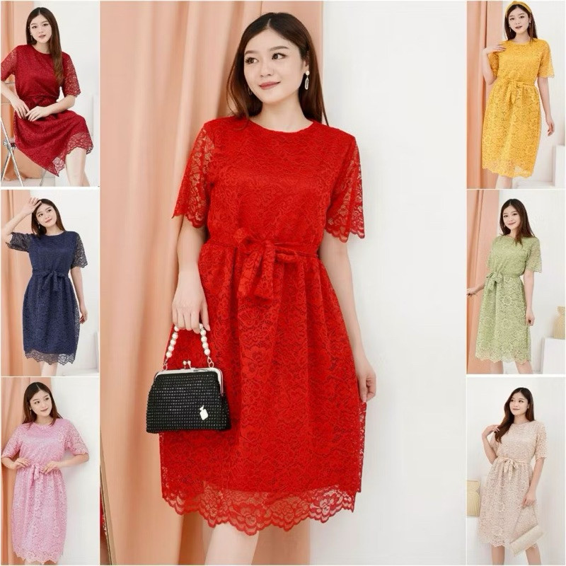 READY WARNA GOLD 10 WARNA ✅DRESS NATAL Dress Melisa Brukat Corneli Tebal + Belt / Dres Pesta Kondang