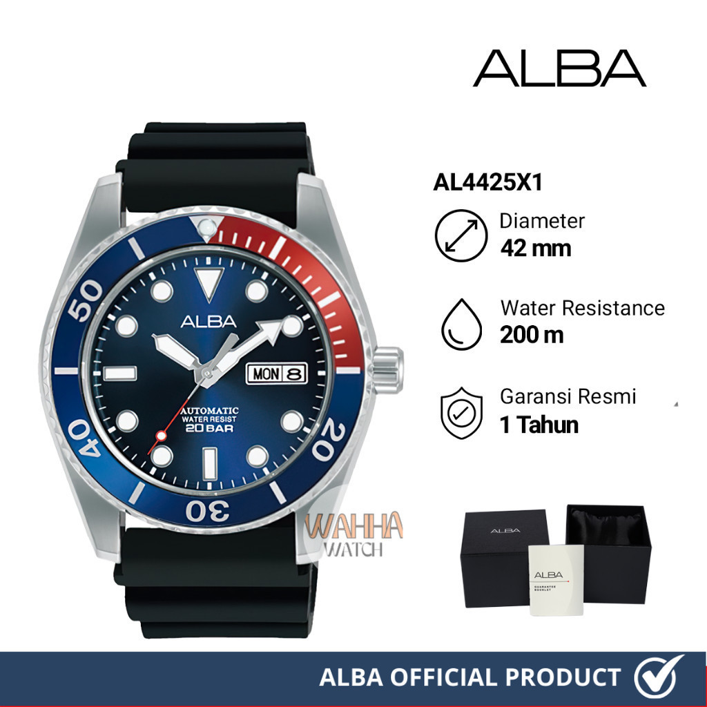 Jam Tangan Pria Alba AL4425X1 Automatic Blue Dial Black Silicone Strap