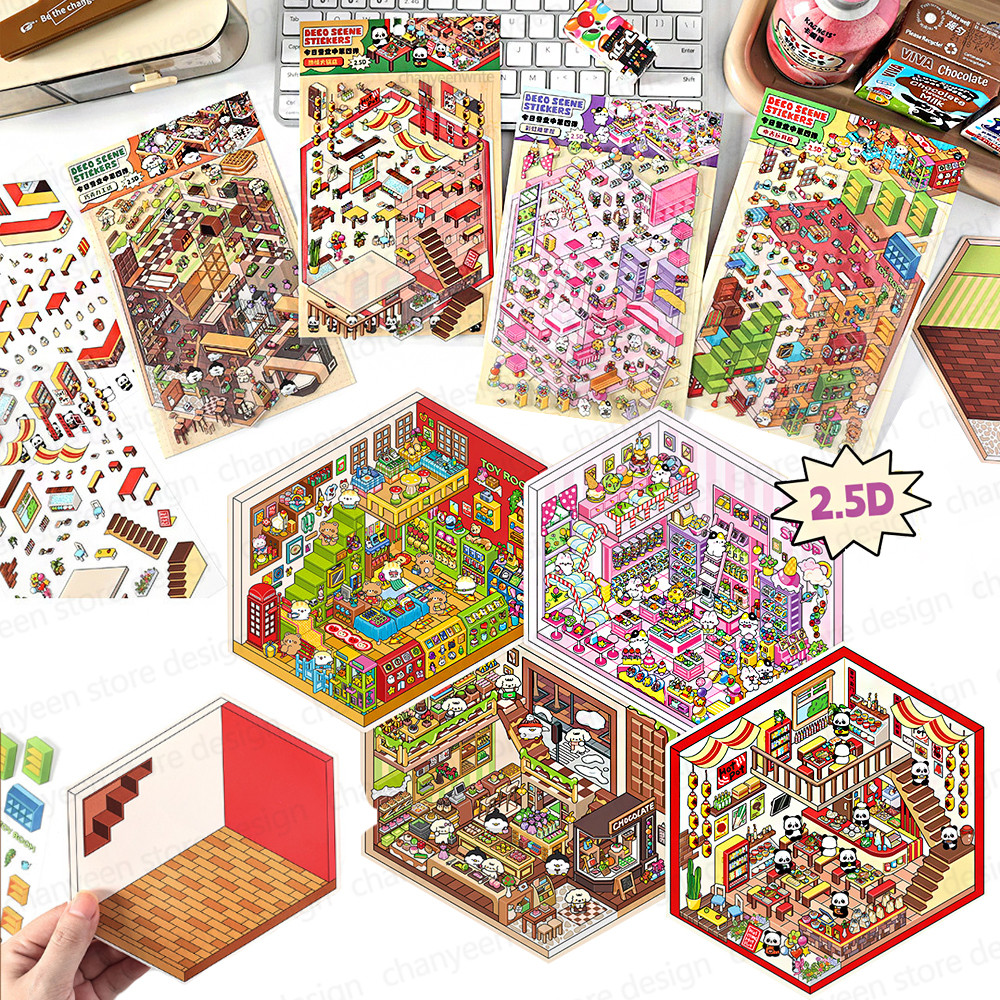 

2.5D DIY Cartoon StoreTheme Landscape Sticker Pocket Cabin Scene Game Stickers Gift for Kid Child