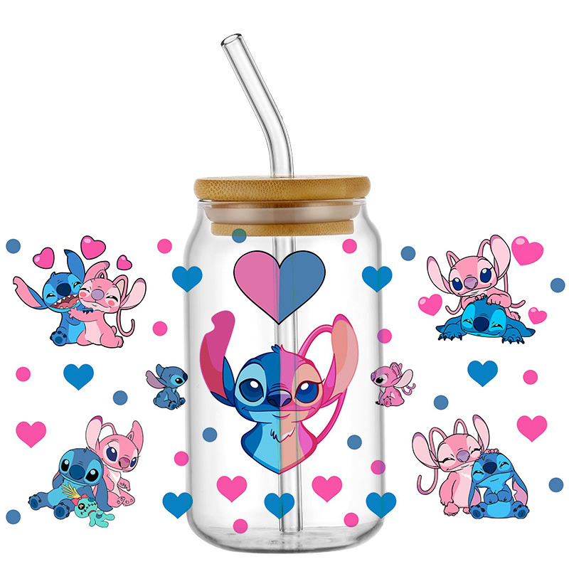 

UV DTF Cup Mug Wraps Miniso Lovely Cartoon stitch 3D Transfer Sticker for 16oz Libbey Glasses Cup Waterproof DIY Sticker