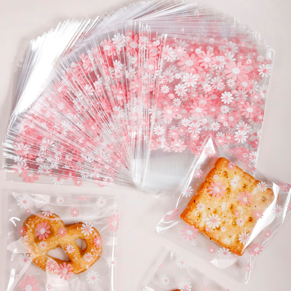 

100pcs Plastic Packing Bags Flower Self-Adhesive Bags for Biscuits Candy Cookies Jewelry Gift Packaging