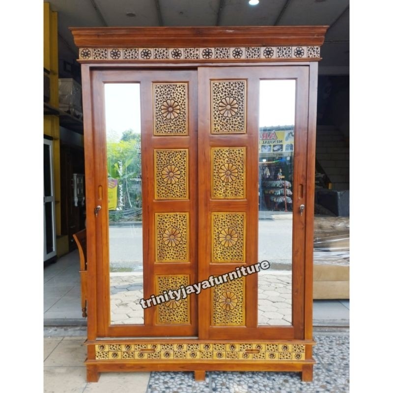 Lemari Pakaian Jati Jepara 2 Pintu Jumbo Sliding/Candra Furniture