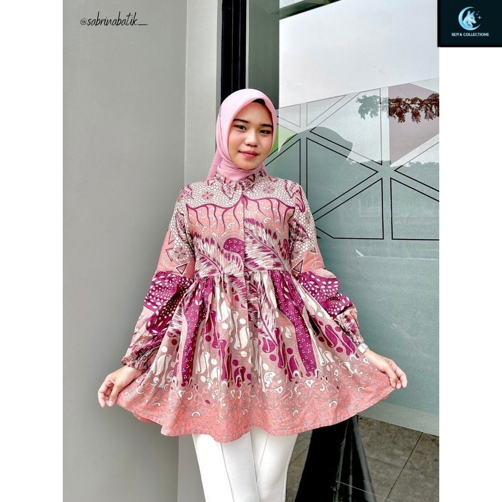 Chaya Blouse Atasan Batik Kerja Kantor Wanita Modis Modern Kekinian Soft Pink Katun Tangan Balon Bus