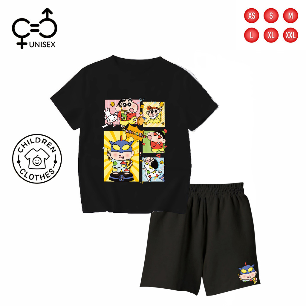 GC - SETELAN Anak Unisex KAOS + Celana PENDEK Hitam - SHINCHAN COMIC