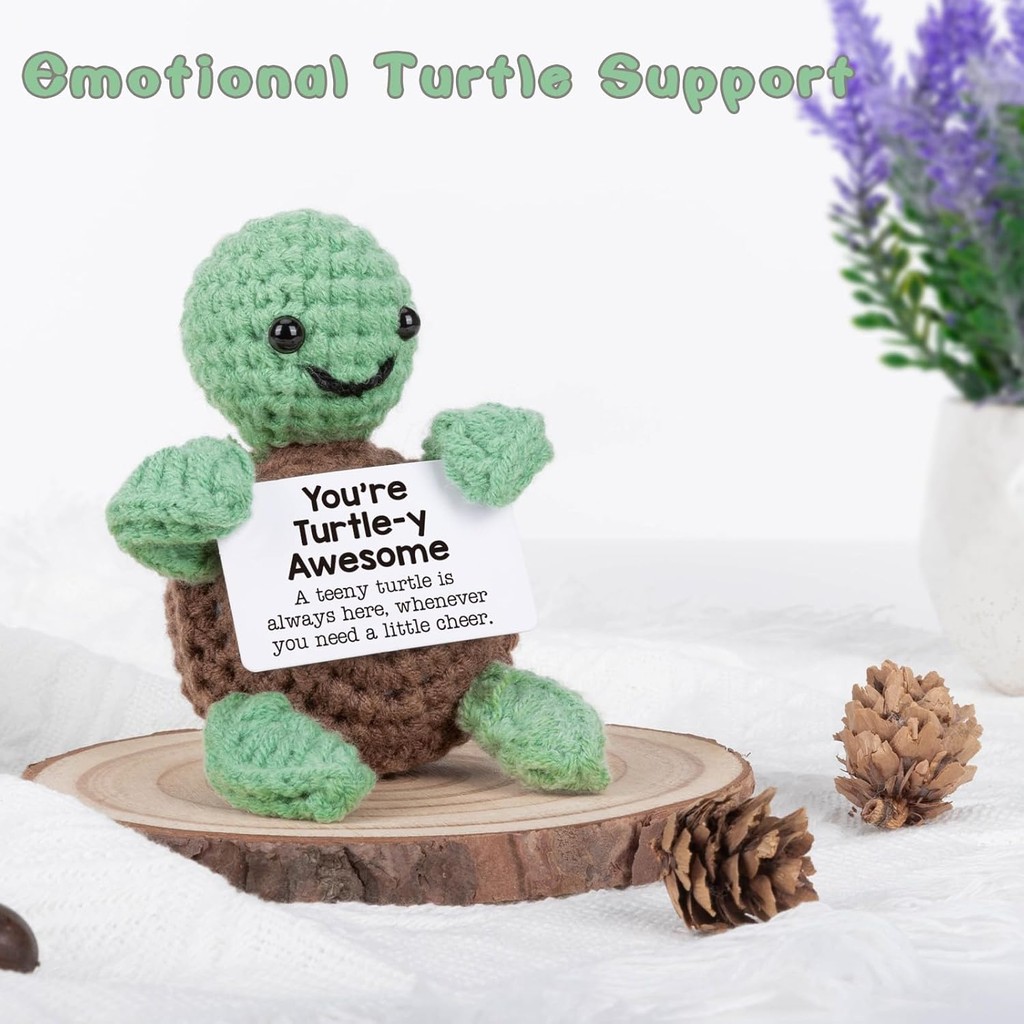 

Cute Handmade Knitted Emotional Motivational Turtle Doll Home Room Decoration Funny Crochet Turtle With Positive Card Ornament