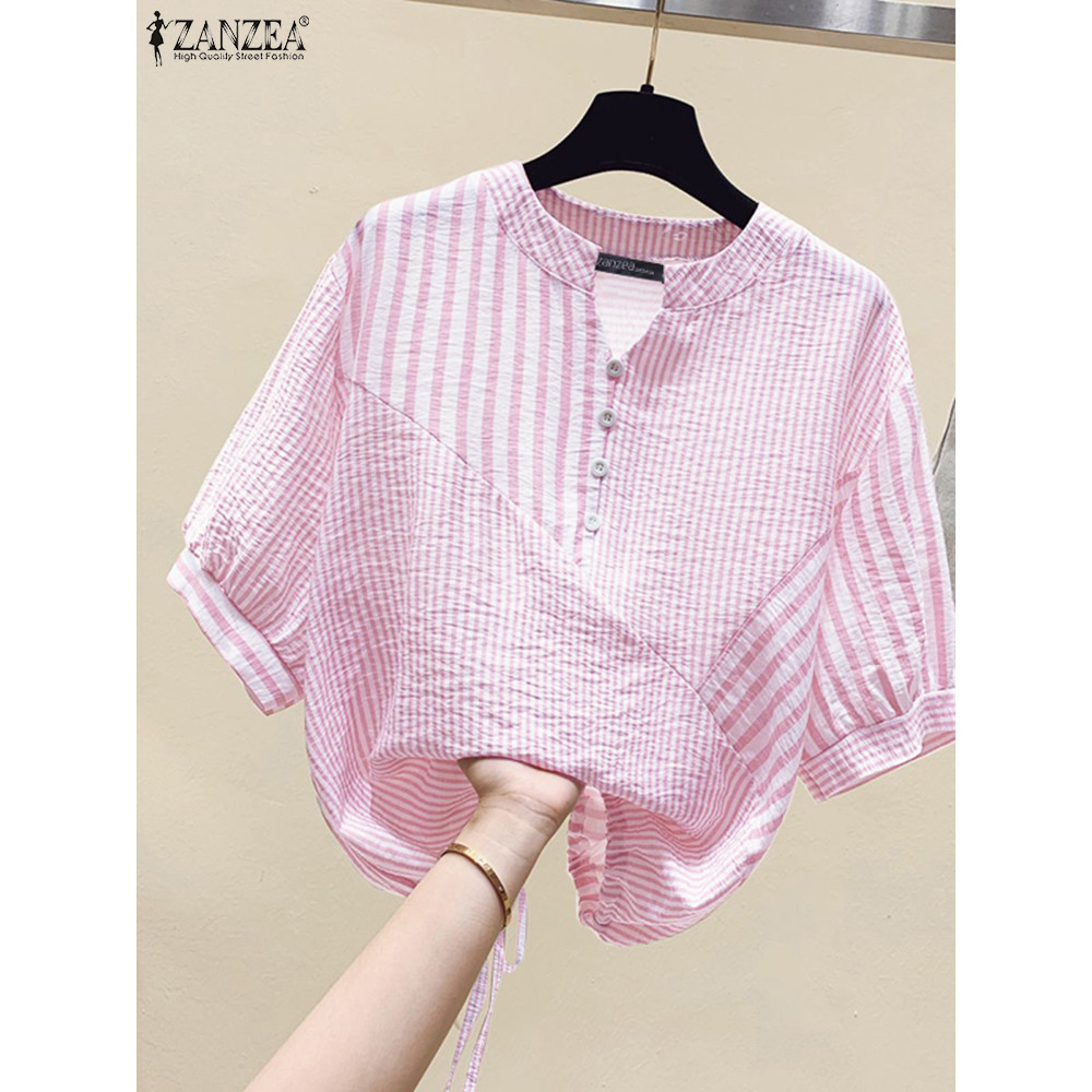 ZANZEA Summer Elegant Striped Shirts Women OL Work Blouse V Neck Half Sleeve Casual Loose Tops Draws