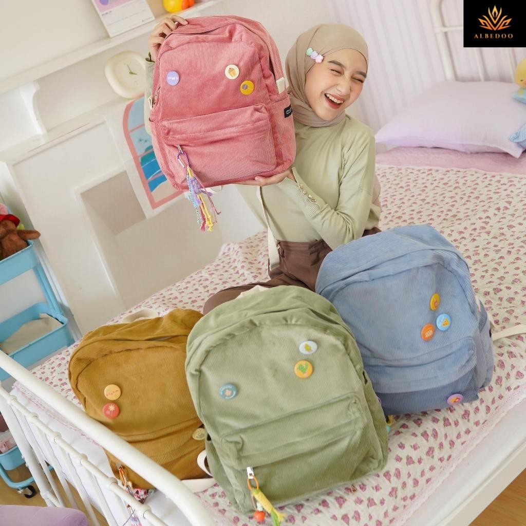 Himeku OOGIE MEDIUM Corduroy Backpack - Tas Sedang - Tas Sekolah Kuliah Kerja  - Ransel Pria Wanita