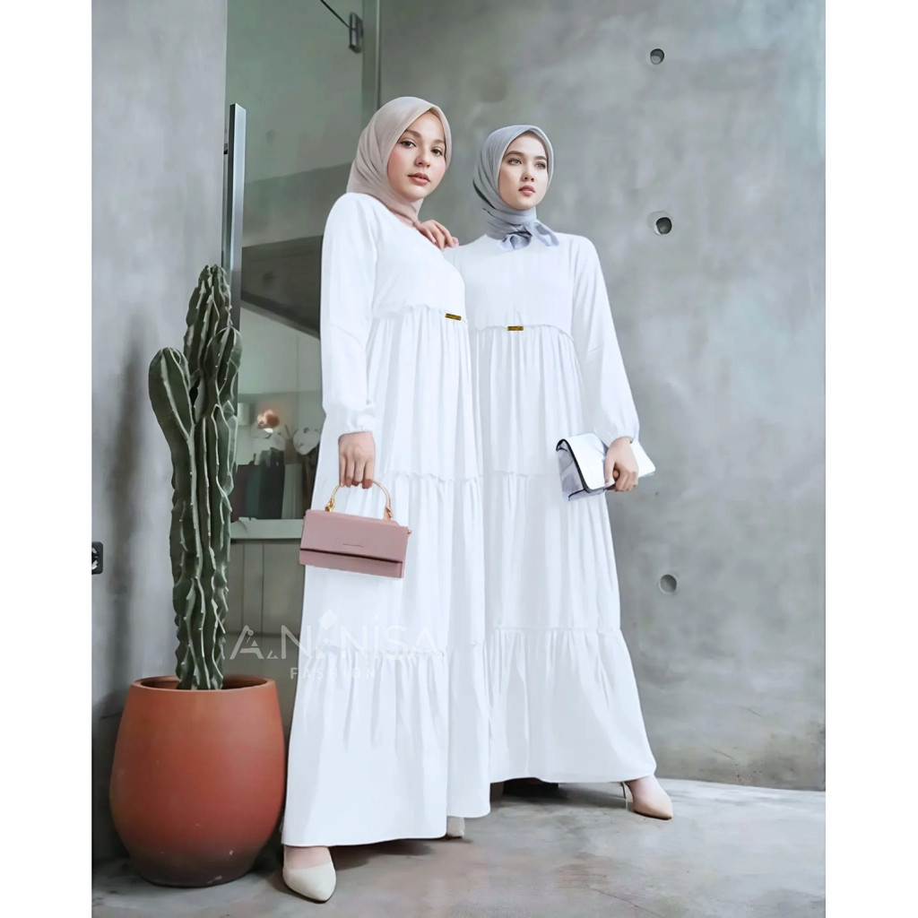 Gamis Putih Susun Simple Elegant Remaja Polos Terbaru 2025 Bahan Adem