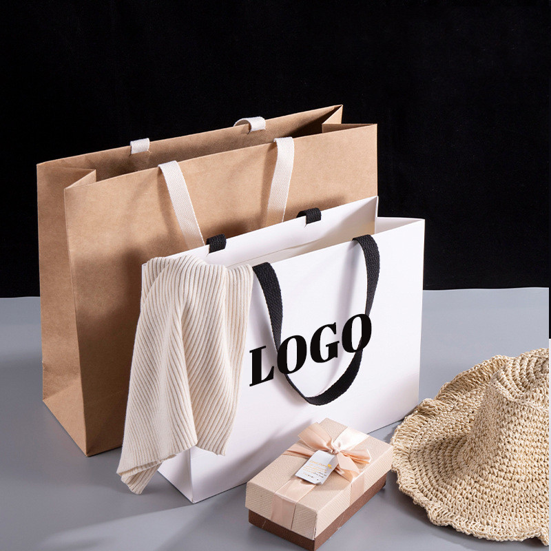 

5 Pcs Custom Logo Kraft paper bag handbag clothing store handbag clothes shoebox bag wig package bags wedding gifts packages