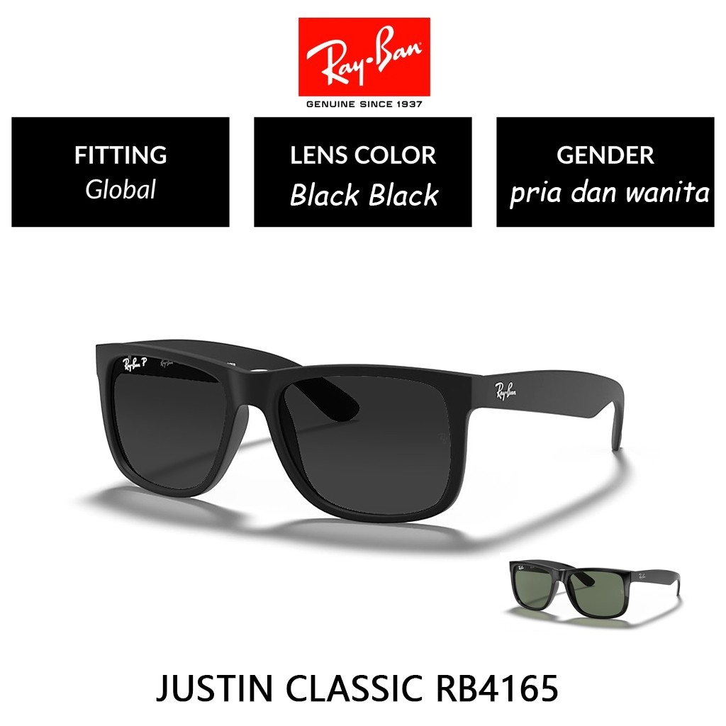 100% Original Kacamata Hitam Ray-Ban Sunglasses Justin RB4165 Black Green pria wanita UV Protection