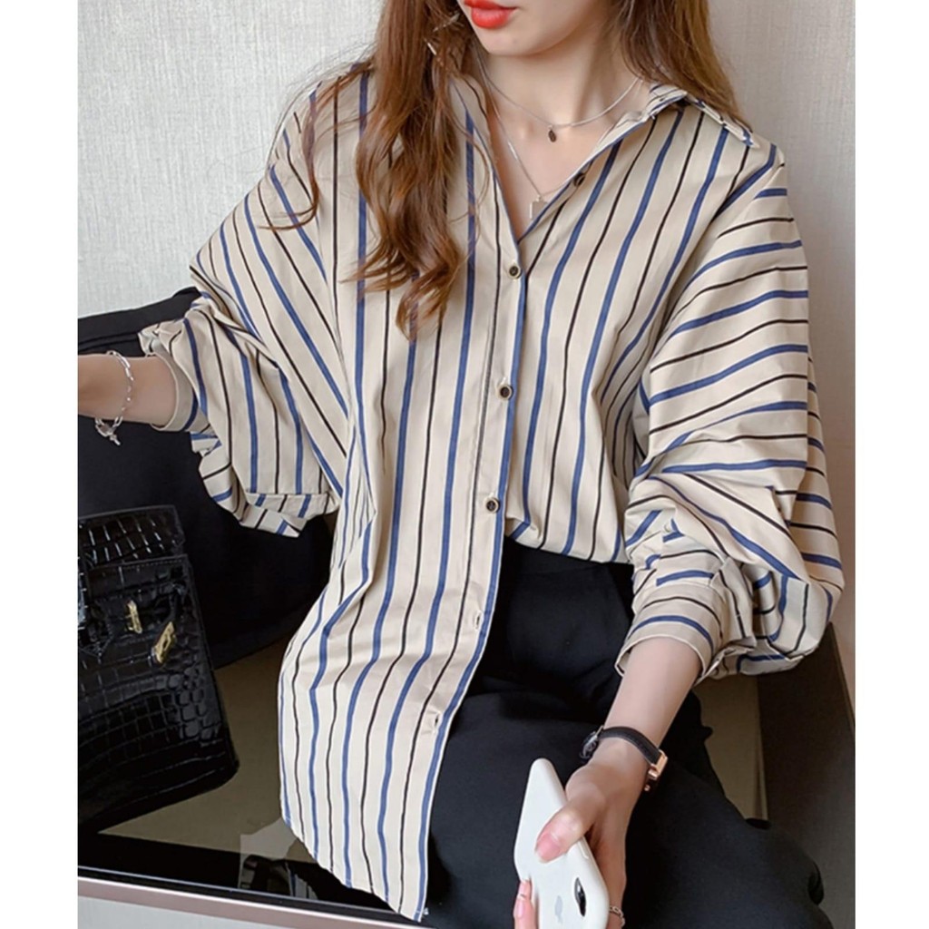 YR 3M KEMEJA 4100# TM THREE M SAMANTHA STRIPED SHIRT KEMEJA PREMIUM FASHION ATASAN WANITA ANGGUN MOD