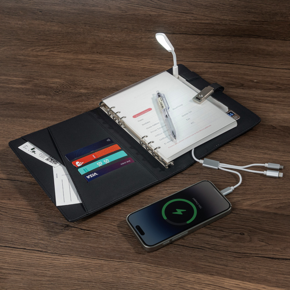 

Wireless Charging Notebook with Reading Light, A5 Planner, Fabric & Leather Design, Portable Power Bank Journal Gift