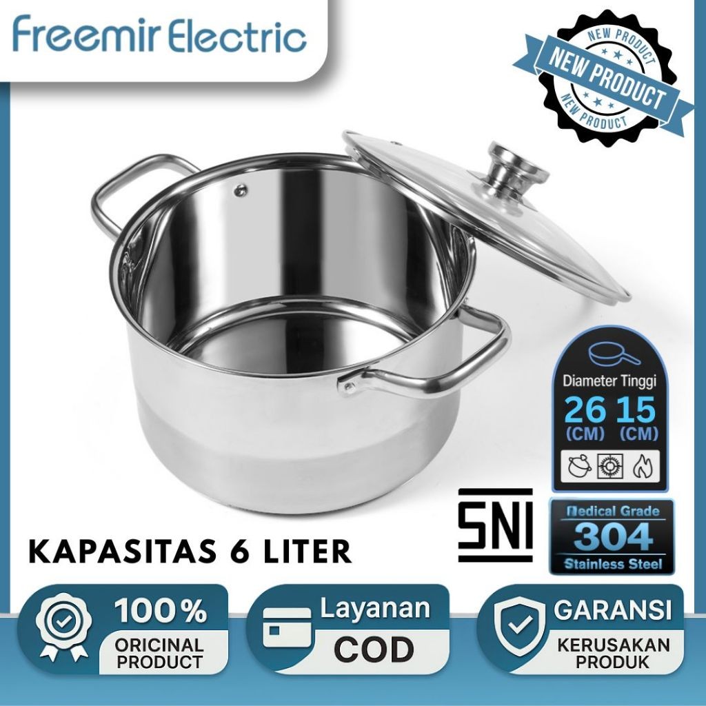 

[NEW 2025] freemir panci Stainless Steel 6L SUS 304– Kapasitas Besar untuk Masakan Keluarga