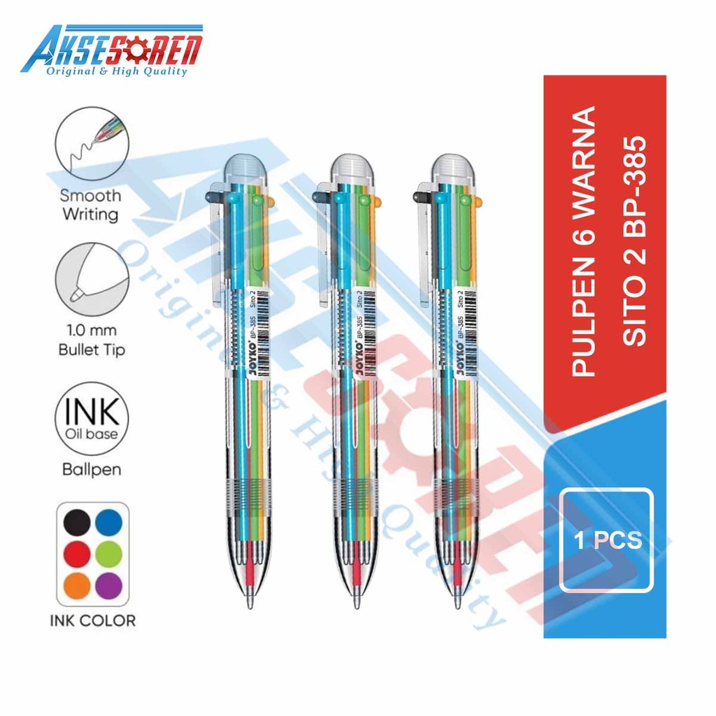 

Aksesoren Pulpen Sito 2 Joyko BP-385 [6 Warna/1 Pcs] / Bolpen Warna Warni / Ballpoint Pena Pen 1.0 mm 1 Pack / Pena Hitam Biru Merah Hijau Oren Ungu